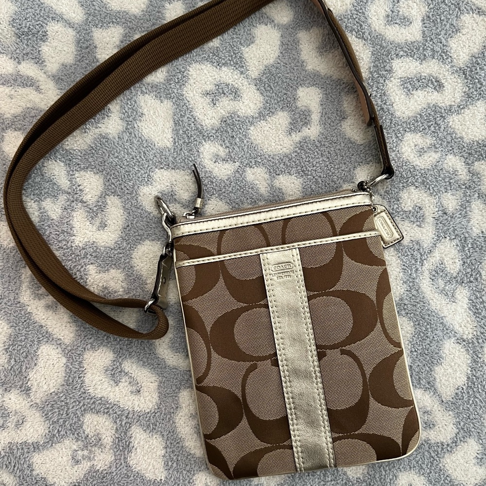 Coach Signature Monogram Crossbody in Gold/Khaki